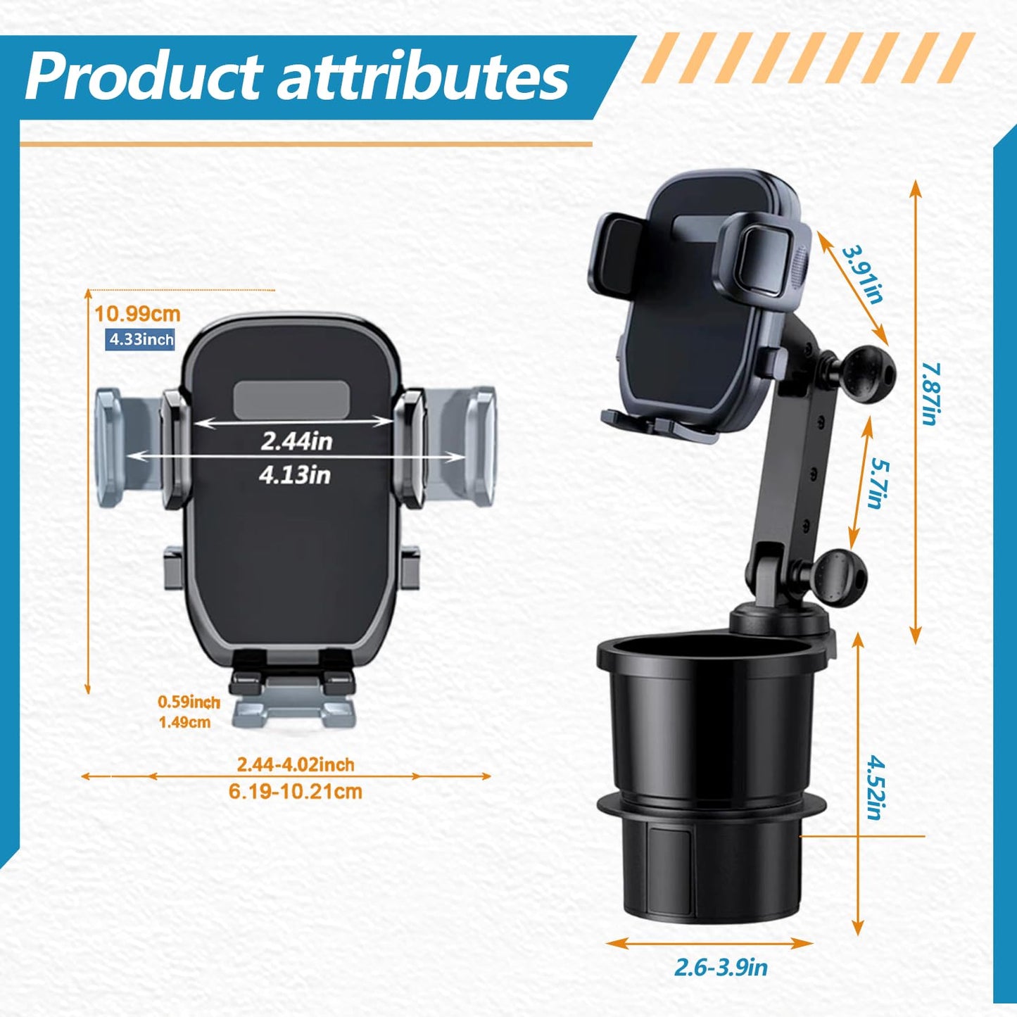 SAMPUSS 2-in-1 Phone Holders for Your Car, Car Cup Holder Phone Mount with Long Arm & 360°Rotation-Universal Smartphone Holder, Expands Cup Holder Space, Compatible with All iPhone and Android Devices
