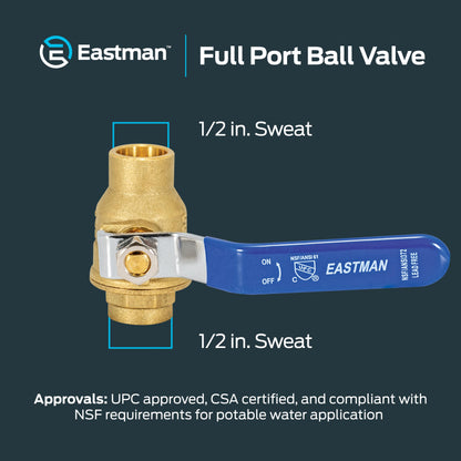 Eastman 20061LF Heavy-Duty Full Port Ball Valve, 1/2 inch Sweat, Brass