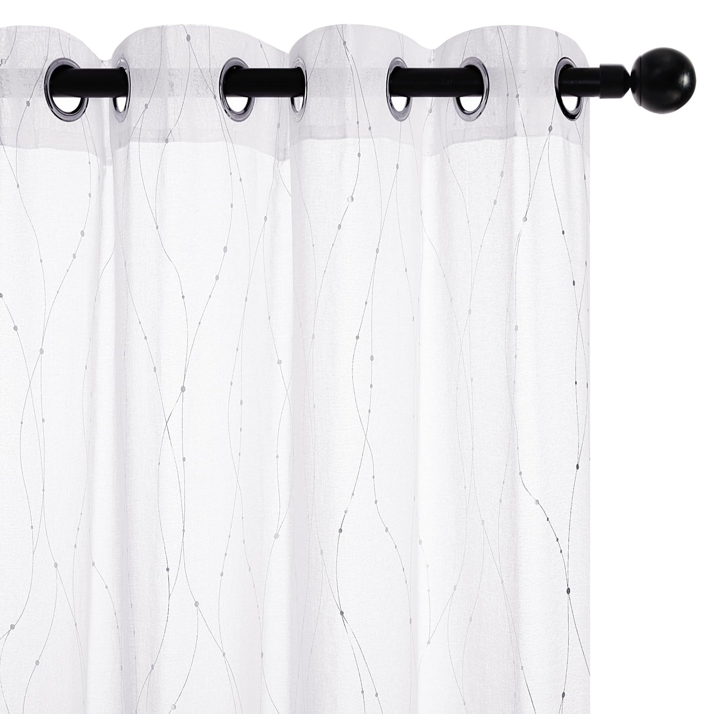 Deconovo White Semi Sheer Curtains 84 Inch Length 2 Panels Set, Grommet Voile Curtains Wave Line with Dots Printed, Elegant Home Decoration(52W x 84L Inch, White/Silver, 2 Panels)