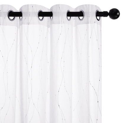 Deconovo White Semi Sheer Curtains 84 Inch Length 2 Panels Set, Grommet Voile Curtains Wave Line with Dots Printed, Elegant Home Decoration(52W x 84L Inch, White/Silver, 2 Panels)