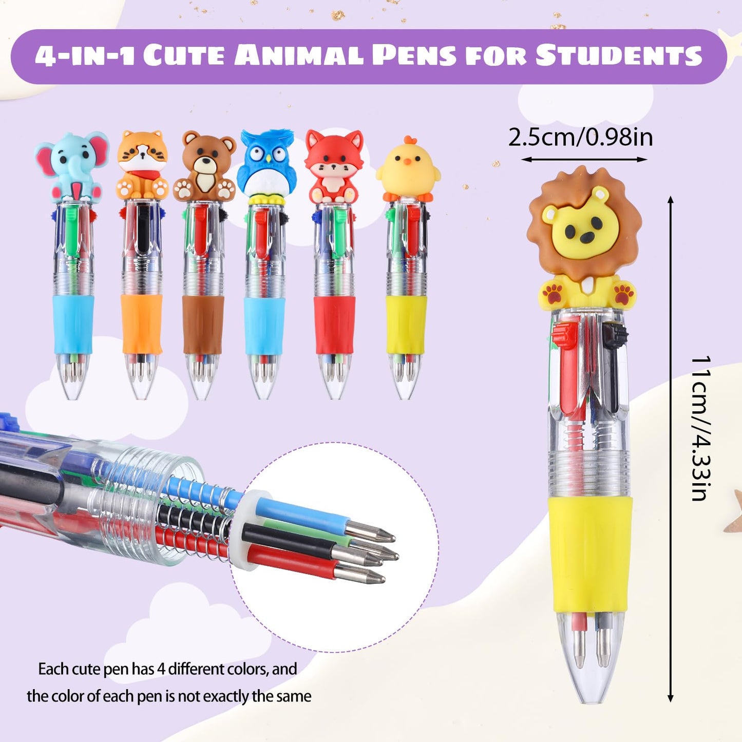 48 Pack Multicolor Pen in One Animal Party Favors 4-in-1 Fun Pens Cute Pens Retractable Mini Ballpoint Pen for Classroom Gifts Birthday Gifts Teacher and School Supplies