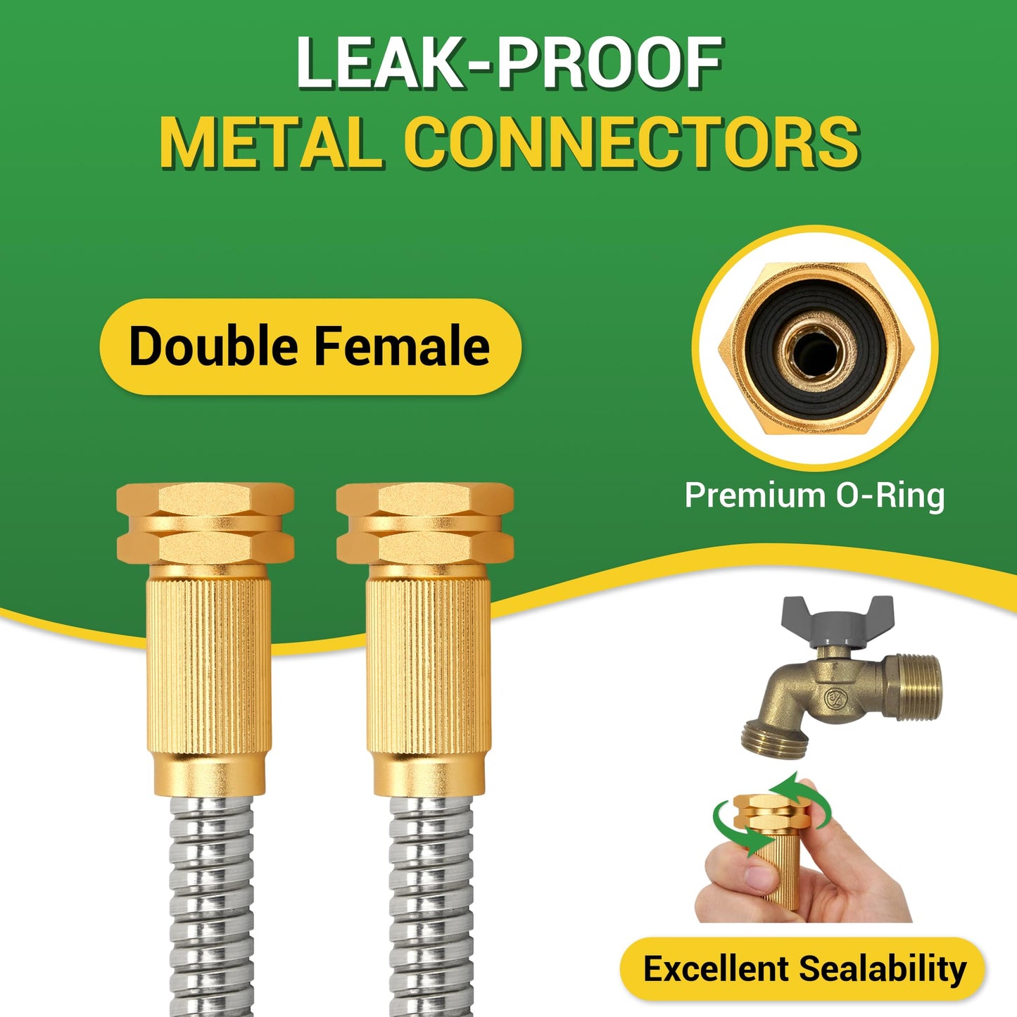 360 GADGET Garden Hose - Short Water Leader Metal Hose 10 FT with Female to Female Fitting, Flexible, Heavy Duty Hose Extension for Outdoor Hose Reel/Dehumidifier/RV、304 Stainless Steel