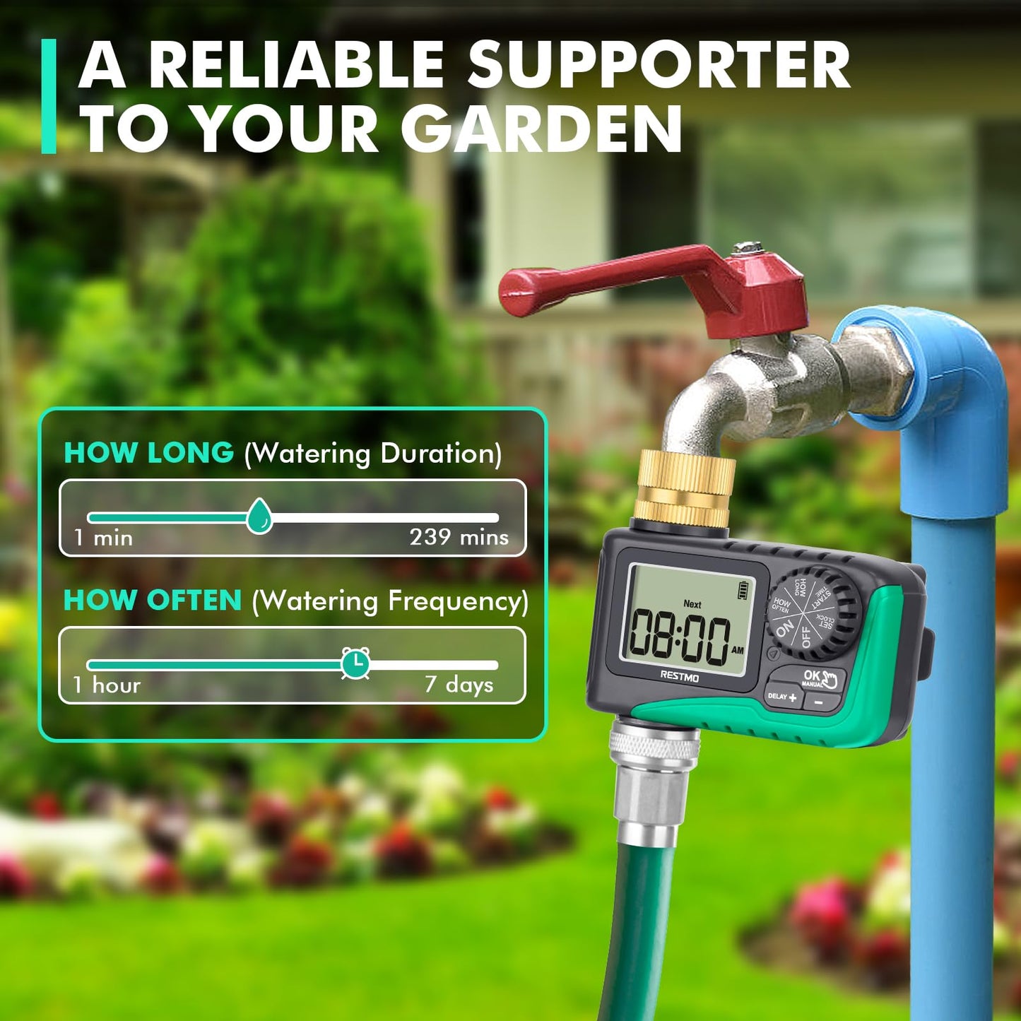 RESTMO Water Timer with Brass Inlet, Programmable Sprinkler Timer for Garden Hose, Automatic Digital Control | Manual ON/Off | Rain Delay, for Outdoor Faucet, Drip Irrigation and Lawn Watering System
