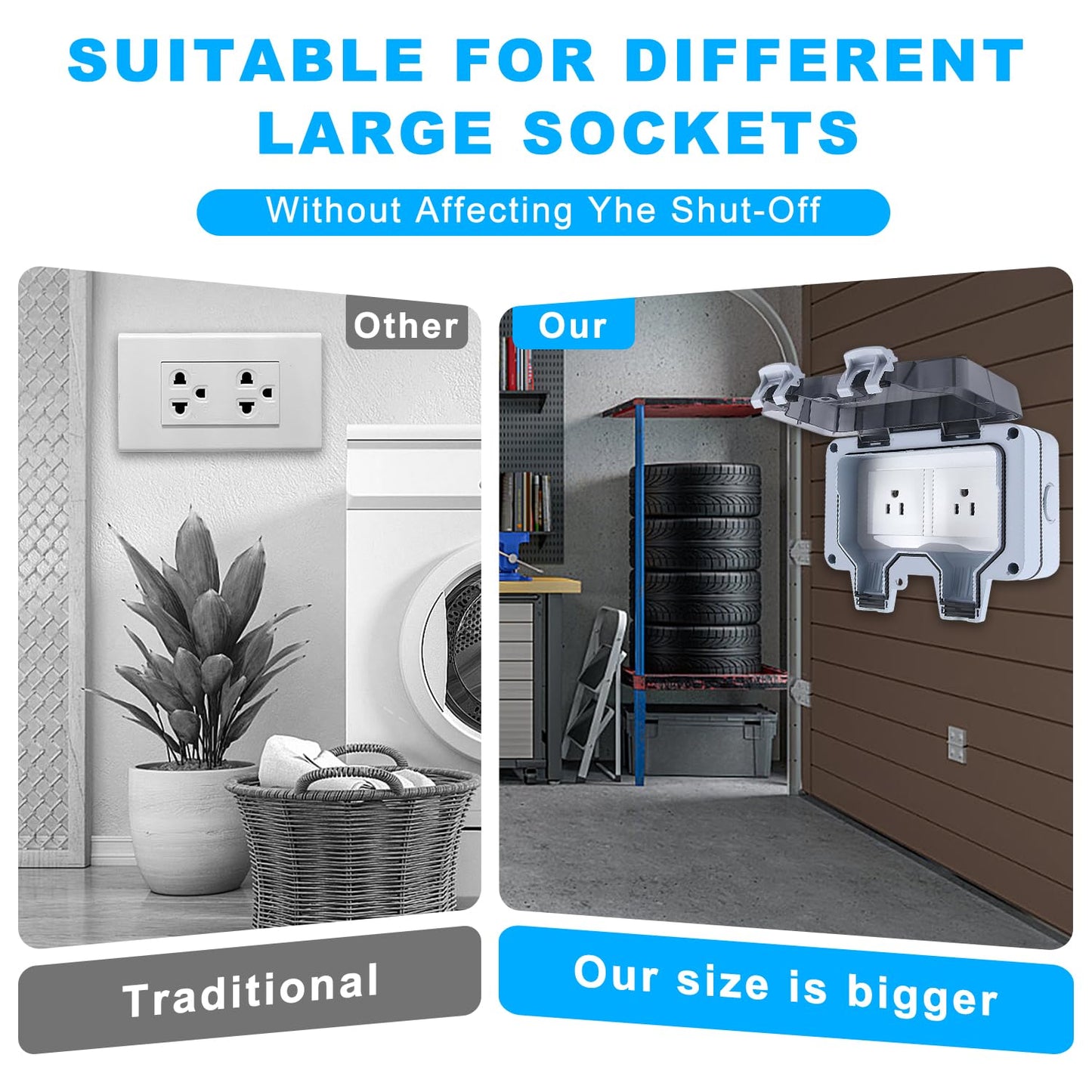 Zhushan Outdoor Weatherproof Wall Power Socket - Dual Function: Single 15A Waterproof Socket w/ 2 Gang Switched Cover, IP66 Rated, Lockable - Ideal for Garden, Outdoor, Indoor Use (125V/110-250V