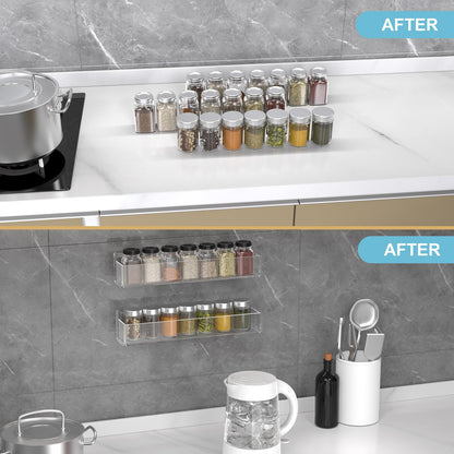 PMMASTO Adhesive Spice Rack Organizer for Cabinet, Acrylic Spice Rack Wall Mount, Space-Saving Spice Organizer Wall Spice Rack for Kitchen Cabinet, Cupboard, Countertopor Pantry Door (Clear - 2 PACK)