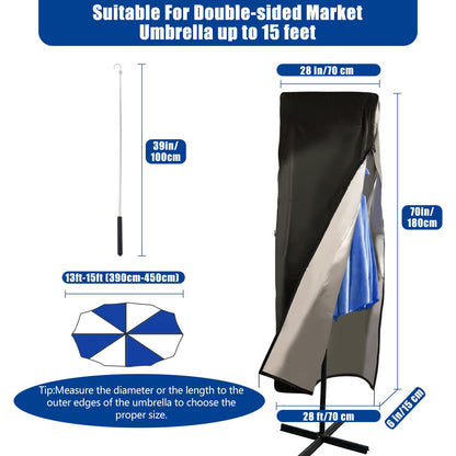 Umbrella Cover 420D Waterproof Outdoor,Patio Umbrella Parasol Cover,Waterproof Zipper & Top Vent,Windproof ,Anti-UV,Large Umbrellas Covers,Garden Umbrellas Covers,fits Double-Sided Umbrella 13-15 ft