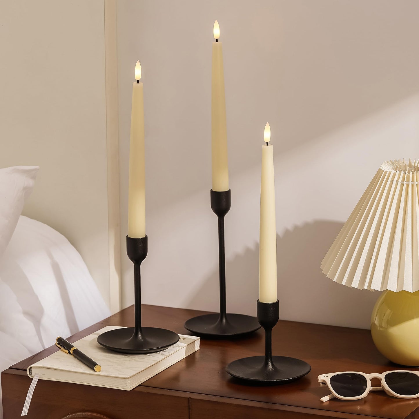 Stmarry Ivory Flameless Taper Candles with Remote and Timer, 9.65 Inch Real Wax LED Candlesticks, Battery Operated Tall Taper Candles with 3D Flickering Flame, Christmas Home Wedding Decor, 3 Pack