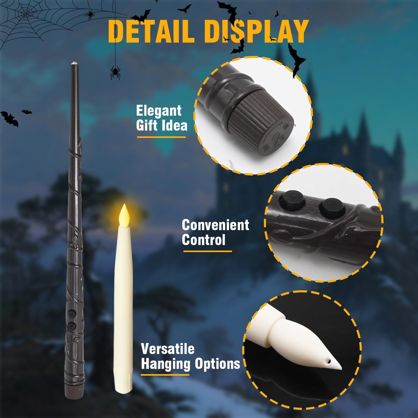 Anxingo 12 Pcs Flameless Floating Candles with Wand, LED Flickering Battery Operated Candles Wizard Hanging Decorative Lighting with Remote Timer for Parties Halloween Christmas