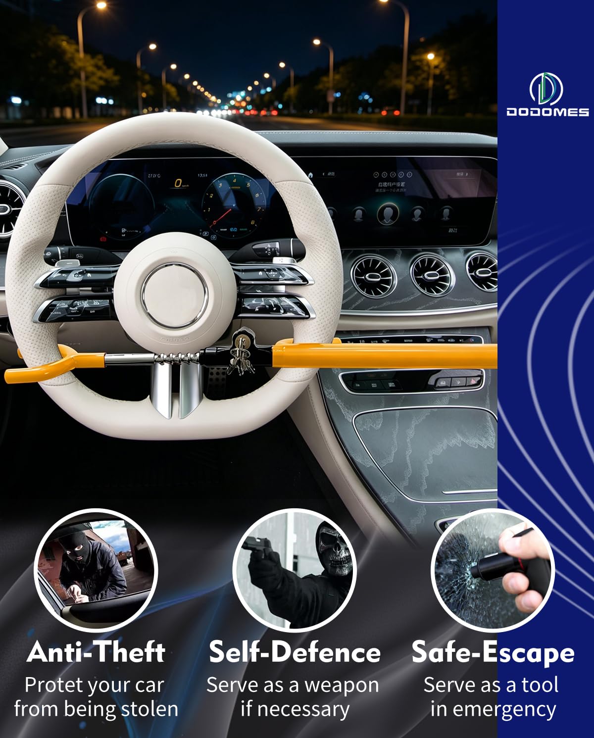 DODOMES Steering Wheel Lock Anti-Theft car Device Car Wheel Locks Heavy Duty Vehicle Security Steering Wheel Lock for Truck Car Vehicles Van Lorry SUV with 4 Keys, Elongated Length MAX 30.5" Yellow