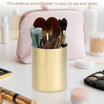2PCS Gold Pen Holder, Round Pencil Cup Stainless Steel Makeup Brush Holder Desktop Stationery Organizer for Office and Vanity Desk