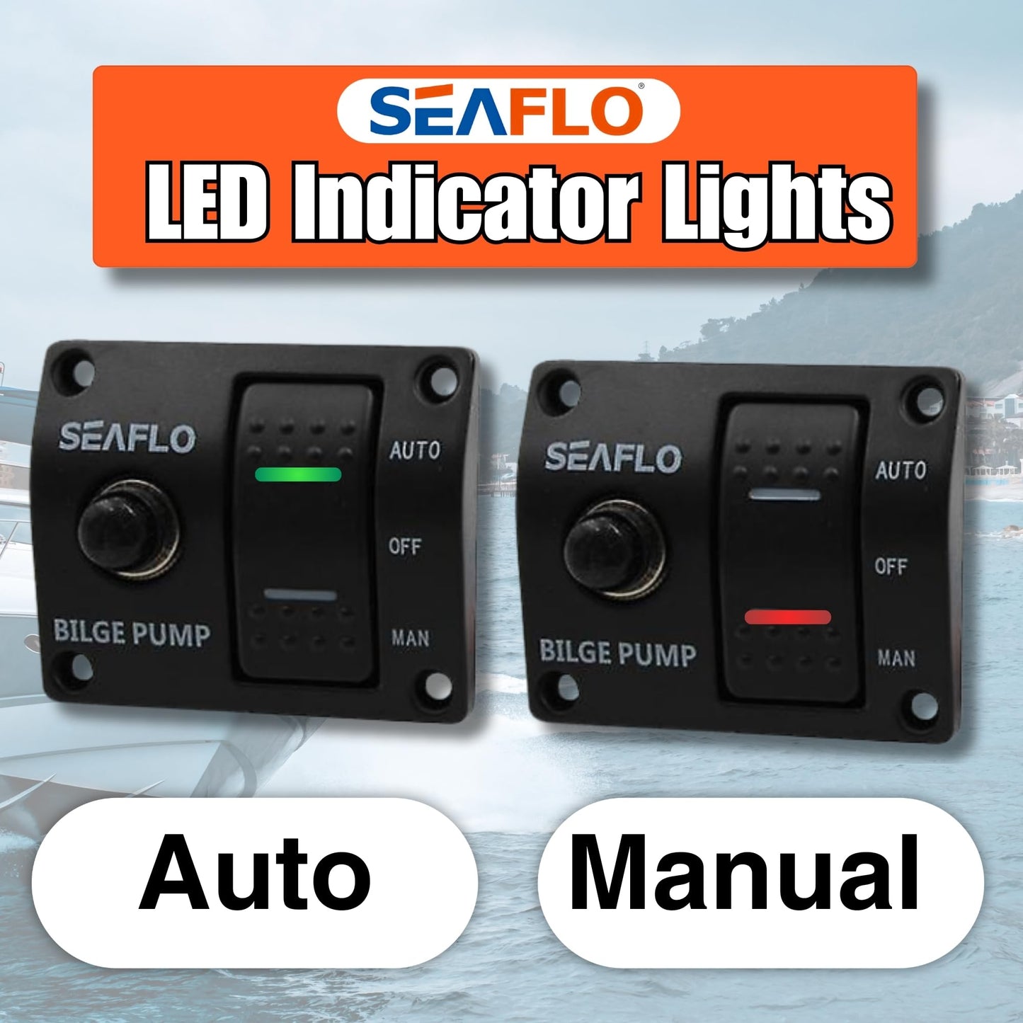 SEAFLO 3-Way Bilge Pump Panel Rocker Switch 32V/24V/12V - Automatic/Off/Manual with Built-in 15A Circuit Breaker, LED Indicator, Marine Grade Black Plastic Panel for Marine Pumps | 4-Year Warranty