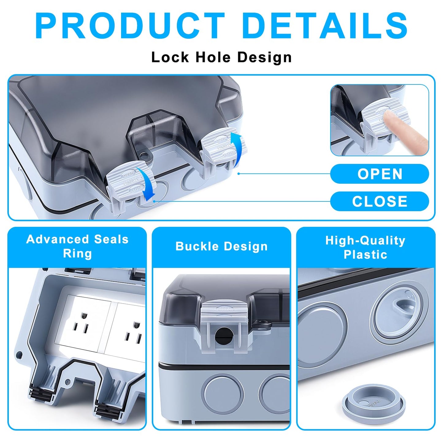 Zhushan Outdoor Weatherproof Wall Power Socket - Dual Function: Single 15A Waterproof Socket w/ 2 Gang Switched Cover, IP66 Rated, Lockable - Ideal for Garden, Outdoor, Indoor Use (125V/110-250V