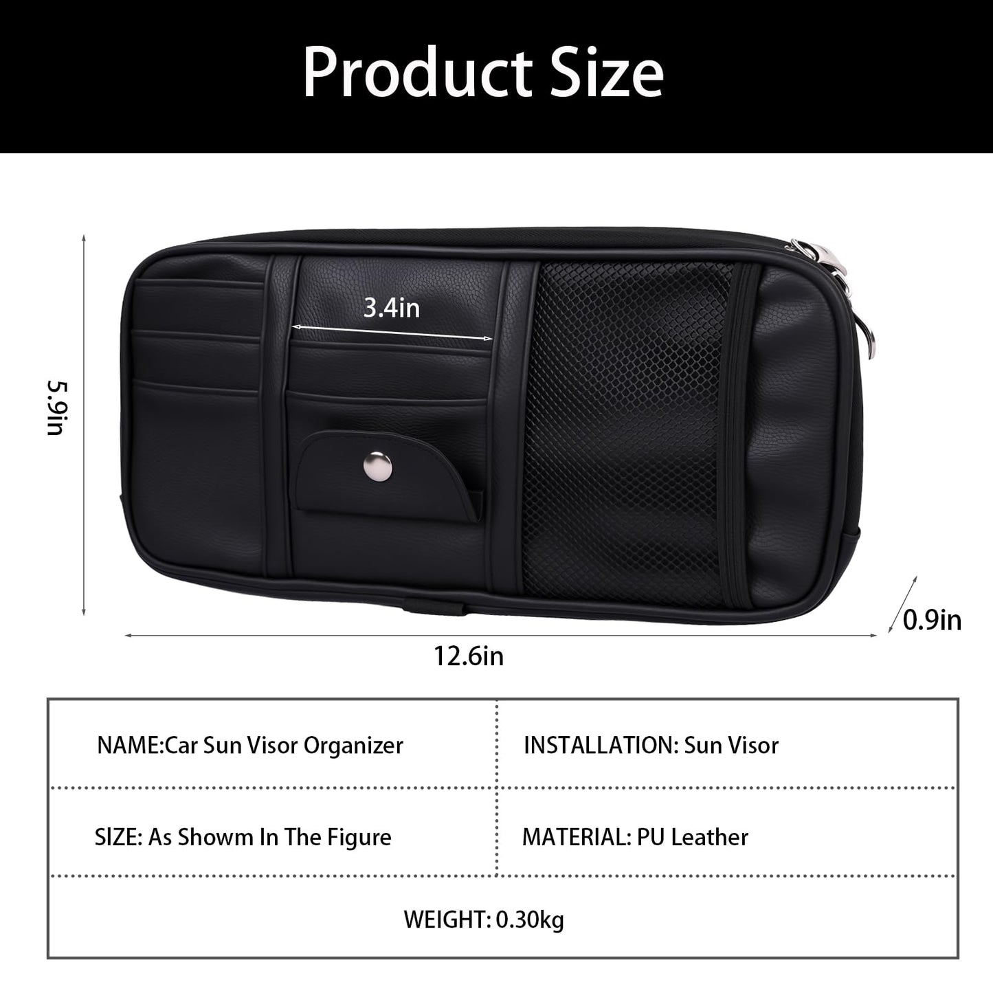 Yuan & Chuang Car Visor Organizer, Sun Visor Storage Pouch with Zipper, Lightweight Car Organizer for Cards, Glasses and Documents, PU Leather, Road Trip Essentials, Fits Most Vehicles, Black (1 Pack)