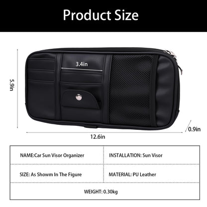 Yuan & Chuang Car Visor Organizer, Sun Visor Storage Pouch with Zipper, Lightweight Car Organizer for Cards, Glasses and Documents, PU Leather, Road Trip Essentials, Fits Most Vehicles, Black (1 Pack)