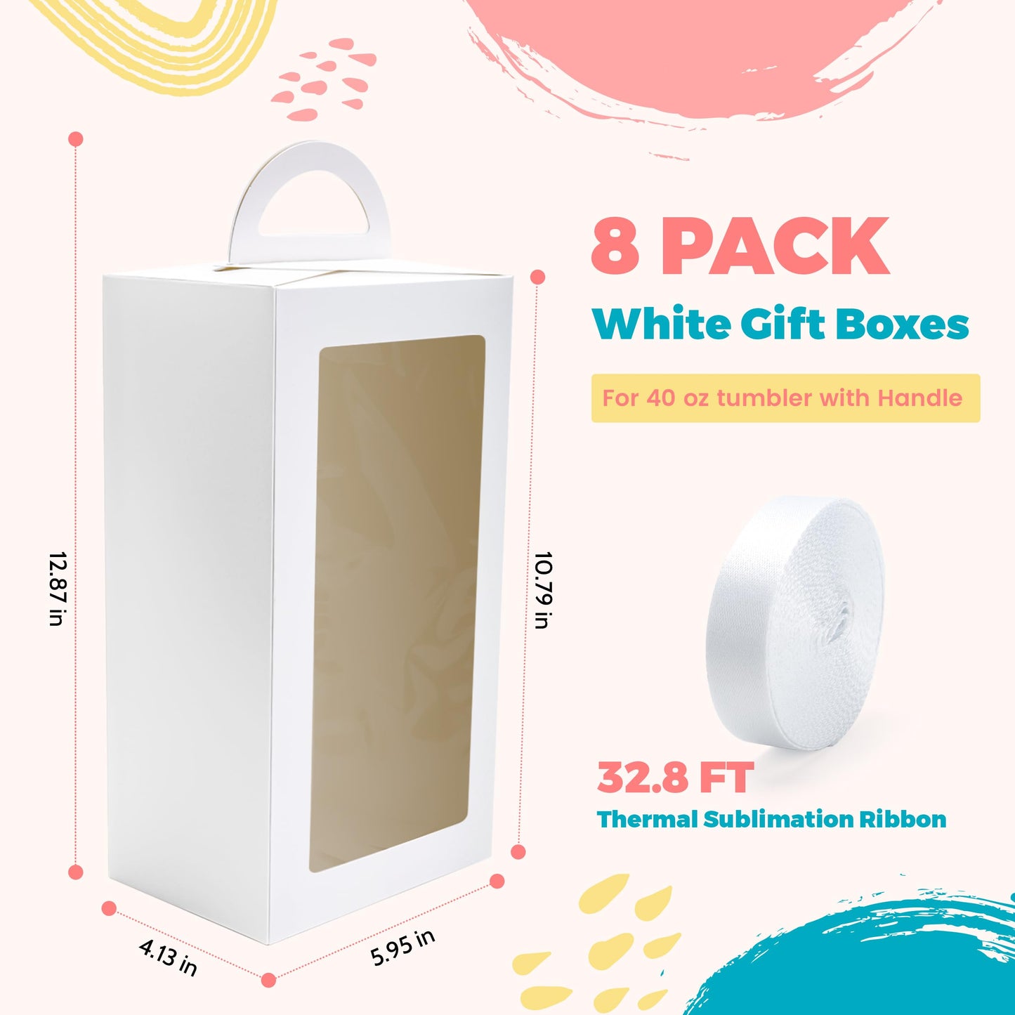 Joyclub 8 Pack White Gift Boxes with Ribbon for 40oz Tumblers with Handle Sublimation Ribbon Graffitiable Gift Box for Bridesmaid Gifts Mother's Day Easter Weddings DIY Decor