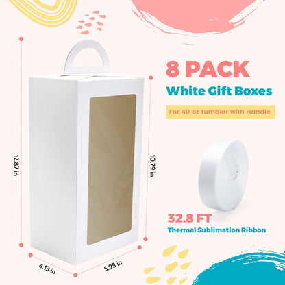 Joyclub 8 Pack White Gift Boxes with Ribbon for 40oz Tumblers with Handle Sublimation Ribbon Graffitiable Gift Box for Bridesmaid Gifts Mother's Day Easter Weddings DIY Decor