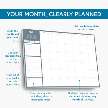 Undated Monthly Desk Pad Planner by Clear Mind Concepts® – 24 Tear-Off Sheets of Premium 160gsm Paper for Effective Home & Office Organization, Productivity, and Study Planning