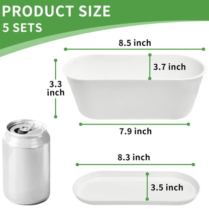 5 Set 8.5x3.5 Inch Plant pots, Rounded Rectangle planters with Multiple Drainage Holes and Trays, Window Box Planter for Indoor Windowsill, Balcony etc.