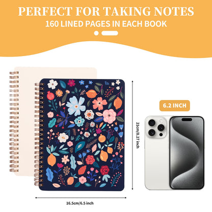 Aesthetic Spiral Notebook Set of 2 For Women - Artistic flower 6.5" x 8.4" College Ruled Notebook With Large Pockets And Lined Pages -Boost Productivity at Work or School