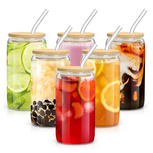 sungwoo Glass Cups with Bamboo Lids and Straws, 16OZ Ice Coffee Cup, Drinking Cup Set with Wooden Lids, Home Essential Glass Tumblers for Beer, Cocktail, Tea and Latte Clear (6)