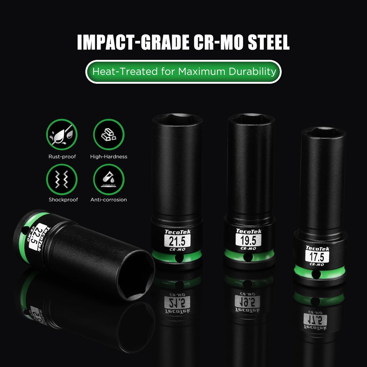 TecoTek 4PCS 1/2" Drive 1/2 Size Thin Wall Lug Nut Socket Set, Half Size Wheel Socket, 17.5mm, 19.5mm, 21.5mm, and 22.5mm, CR-MO, for Damaged, Swollen and Stuck Lug Nuts