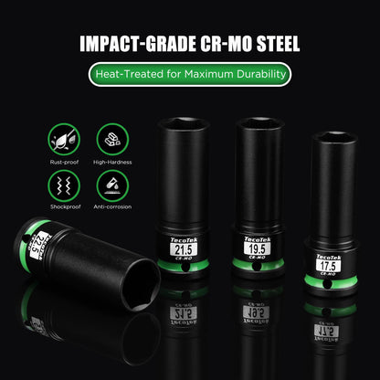 TecoTek 4PCS 1/2" Drive 1/2 Size Thin Wall Lug Nut Socket Set, Half Size Wheel Socket, 17.5mm, 19.5mm, 21.5mm, and 22.5mm, CR-MO, for Damaged, Swollen and Stuck Lug Nuts