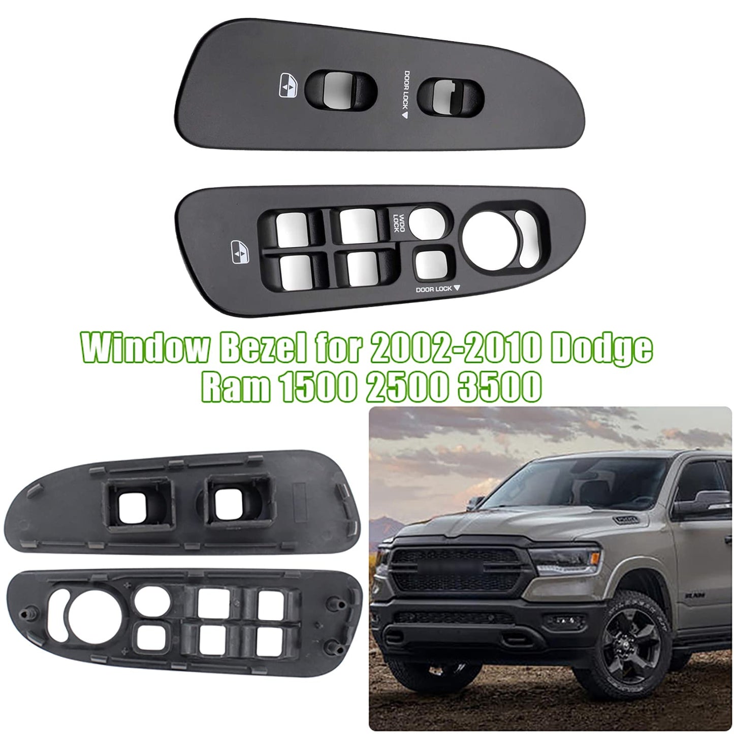 Driver and Passenger Black Door Window Switch Panel Bezel for 2002-2010 Dodge Ram 1500 2500 3500 (Black)
