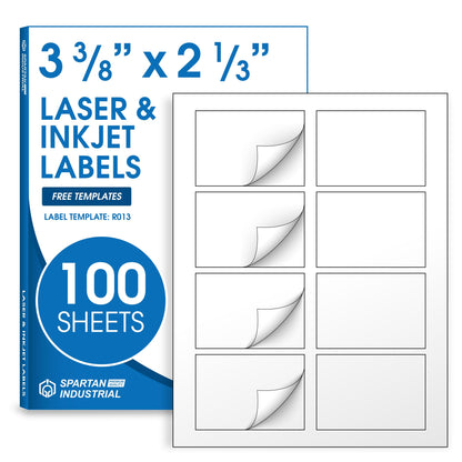 3 3/8" X 2 1/3" Matte White Name Tag Labels Compatible with Inkjet and Laser Printers - 100 Sheets, 800 Total Paper Stickers - Spartan Industrial Template R013