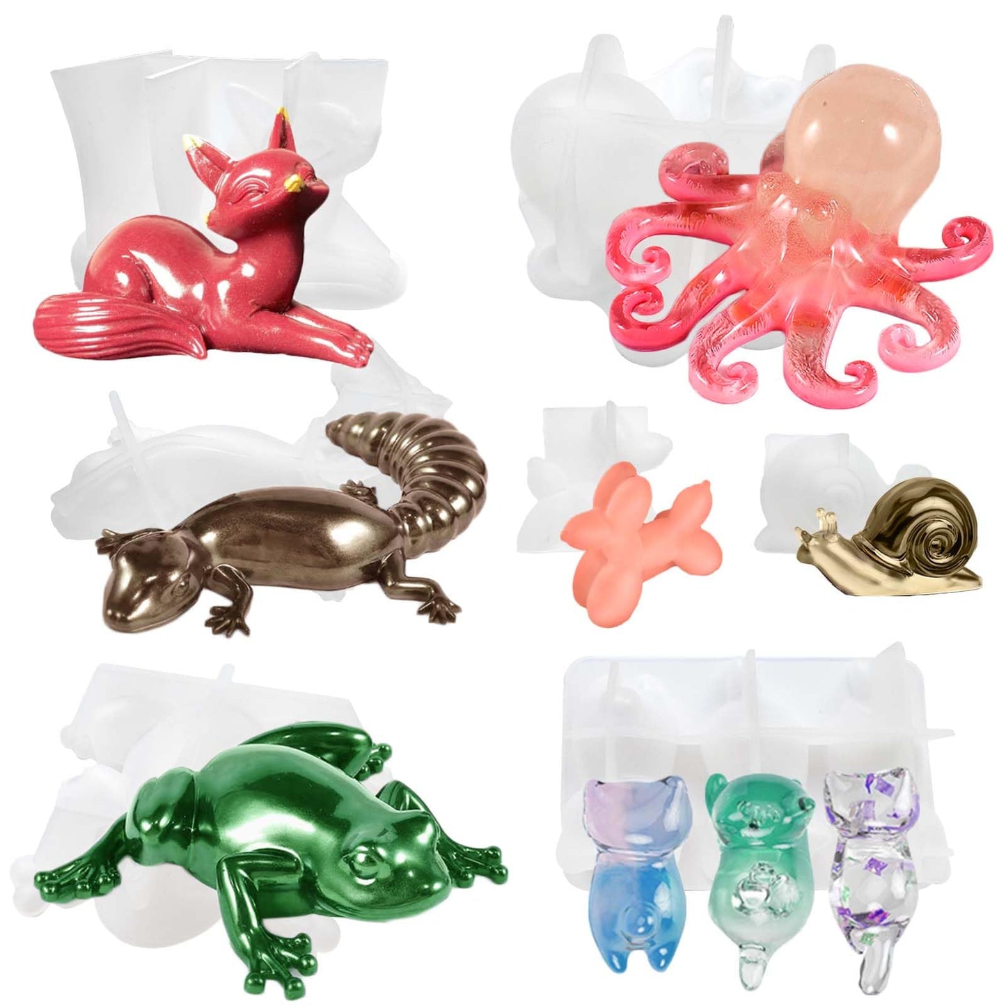 Acxydm 7PCS Animal Resin Molds Set,3D Silicone Molds with Fox Cat Octopus Frog Lizard Dog Snail,Unique Resin Molds,Animal Epoxy Resin molds for Desktop Ornament,DIY Modeling Clay,Plaster,Candle,Resin