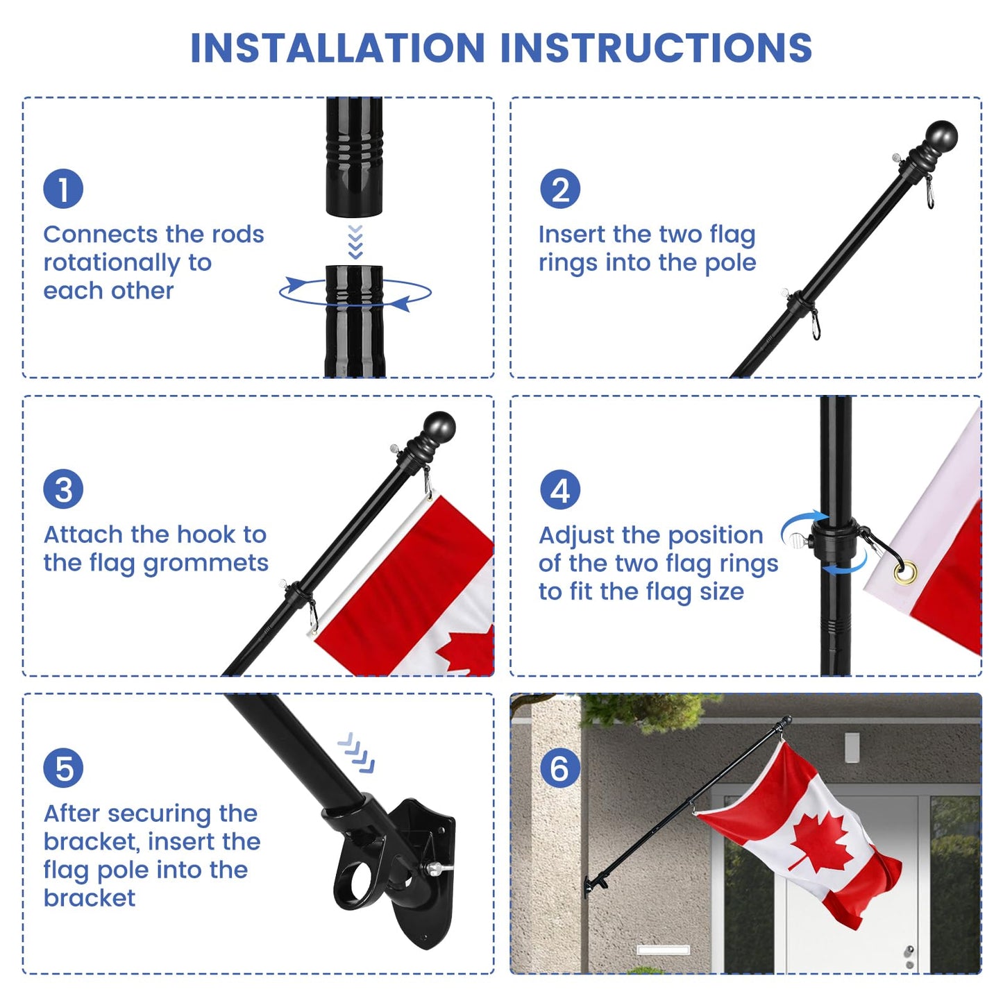 6.5FT Flag Pole for Canada Flag, Flag Poles Outdoor with Bracket, Tangle Free Stainless Steel Flag Pole Kit, Wall Mount and Adjustable Flagpole for Porch, Garden, Patio, Residential or Commercial