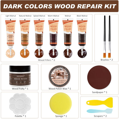 Wood Furniture Repair Kit, 6 Colors Wood Filler Hardwood Laminate Vinyl Floor Repair Kit with Wood Putty, Wood Polish Wax for Hole, Scratch, Crack, Stain (Walnut Wood 15Pcs)