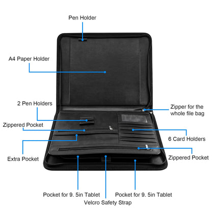 VANRA Zippered Padfolio for Men Leather Portfolio for Women Binder Organizer Interview Resume Folder for Papers Document Holder Planner Binder A4 Letter Size with Notepad, Black