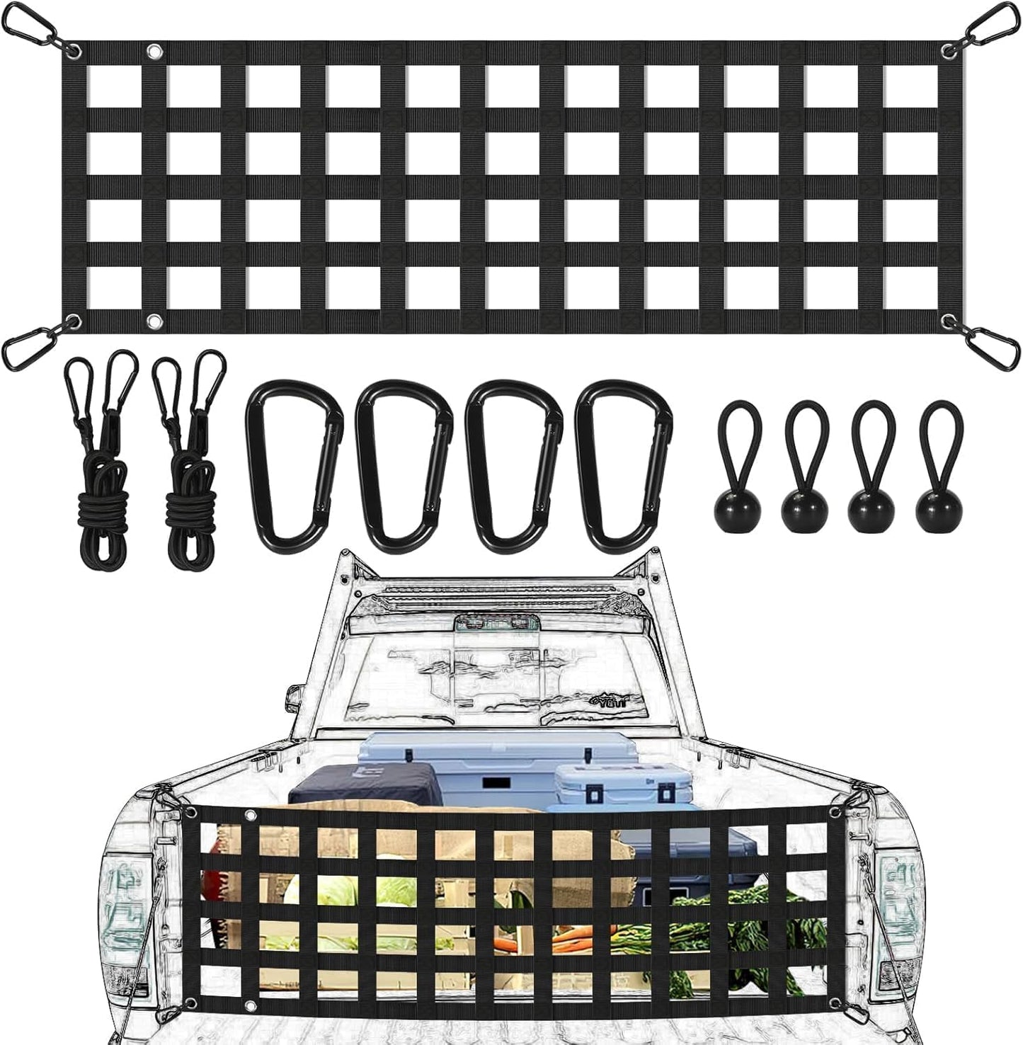 60" x 18" Cargo Net for Truck Bed with 2 Adjustable Ropes, Tailgate Net for Full-Size Truck, Easy-to-use Cargo Net