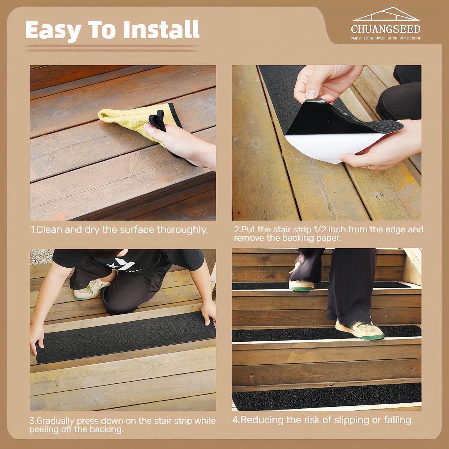 CHUANGSEED 12-Pack Non-Slip Stair Traction Tape 4''x30'' Black Anti Slip Tape 80 Grit Outdoor Treads Grip Tape- Waterproof Heavy Duty Anti Skid Strips for Steps,Deck,Staircase (Black, 4" x 30" x 12P)