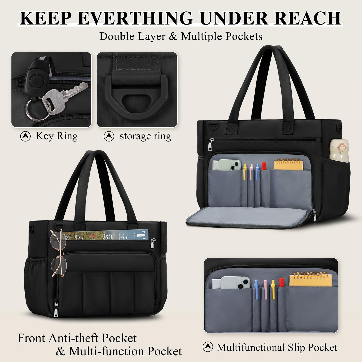 RAINSMORE Teacher Puffer Tote Bag for Women 15.6 inch Laptop Bag Waterproof Nurse Bag with Insulated Pocket for Work College