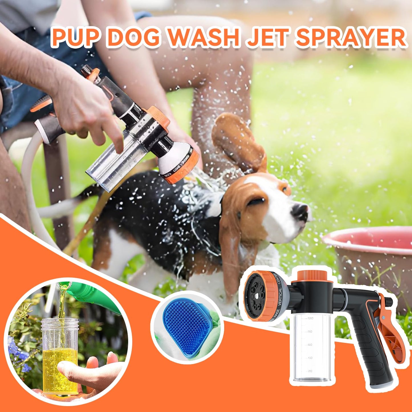 Upgrade Dog Washing Hose Attachment 10 Sprayer Pattern Outdoor, Garden Hose Nozzle with Soap Dispenser for Car Washing, Dog Shower Attachment with Brush for Pet Bathing, Pet Shampoo Hose Foam Sprayer
