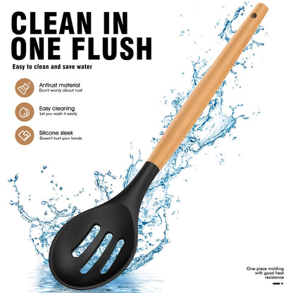 Silicone Cooking Utensils Set - Silicone Kitchen Utensils for Cooking Wooden Handles, 446°F Heat Resistant Kitchen Utensil Spatula Sets w Holder, Gadgets for Non-Stick Cookware BPA Free (Black)