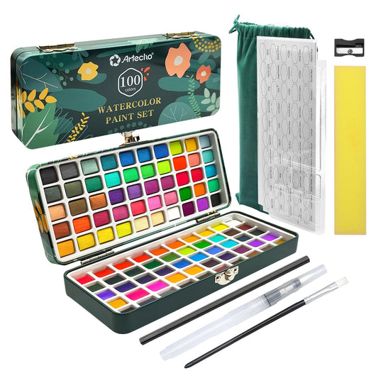 Artecho Watercolor Paint Set 100 Colors in Portable Box Including, Travel Watercolor Set with Watercolor Papers, Brushes and other Tools, Idea for Artists and Hobbyists