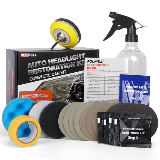 POLIWELL Headlight Restoration Kit 3 Easy Steps to Restore Sun Damaged Headlights Polish Headlights Lens Restore Cleaner DIY Polishing, Sanding Discs, Scouring Pads for Electric Drill, Total 24Pack
