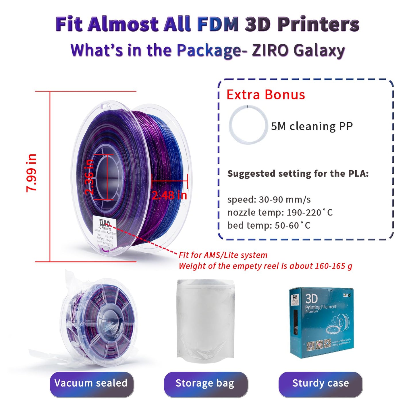 ZIRO Fast Color Changing Twinkling PLA, PLA Filament 1.75mm, Sparkle Glitter with Colorful Transluent PLA, 3D Printing Material,1kg Spool, Dimensional Accuracy +/-0.03mm, Fit Most 3D Printers, Galaxy