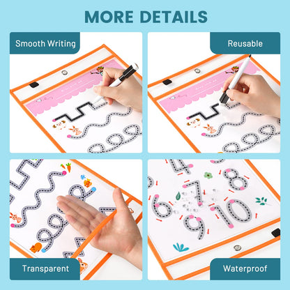30 Pcs Reusable Dry Erase Pockets Sleeves,10" x 14" Clear Plastic Sheet Protectors with 12 Pens,4 Erasers for Classroom School Office Supplies,10 Colors