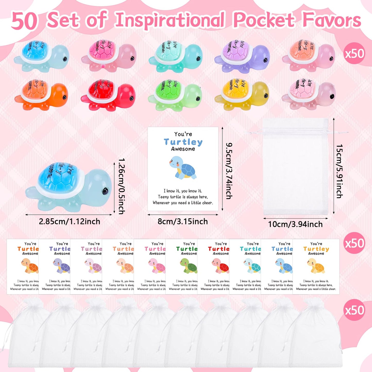 50 Sets Inspirational Gift Include You're Turtley Awesome Engraved Mini Resin Turtles Pun Thank You Cards Organza Bags Employees Appreciation Gift for Coworkers Staff Team Teacher Office