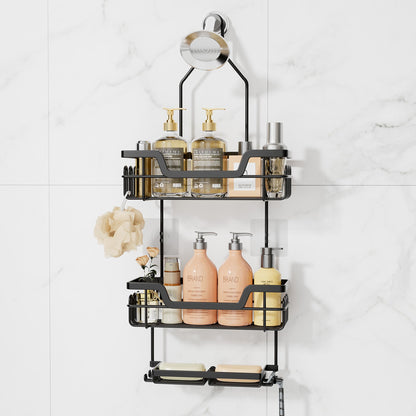 SWTYMIKI Shower Caddy Hanging, Shower Caddy Over Shower Head with 2 Soap Holders & hooks, 3 Tier Antirust & Anti-Swing Bathroom Shelves Organizer No Drilling, Black