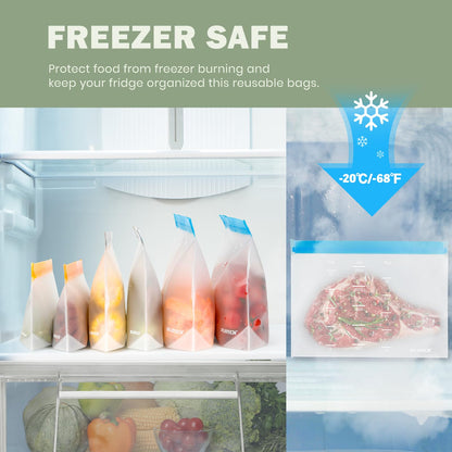 Dishwasher Safe Reusable Storage Bags Stand Up - BPA Free PEVA Reusable Sandwich Bags - Leakproof Gallon Freezer Bags, Silicone Food Storage Bags (20 Pack- 6Gallon+6Sandwich+8Snack)