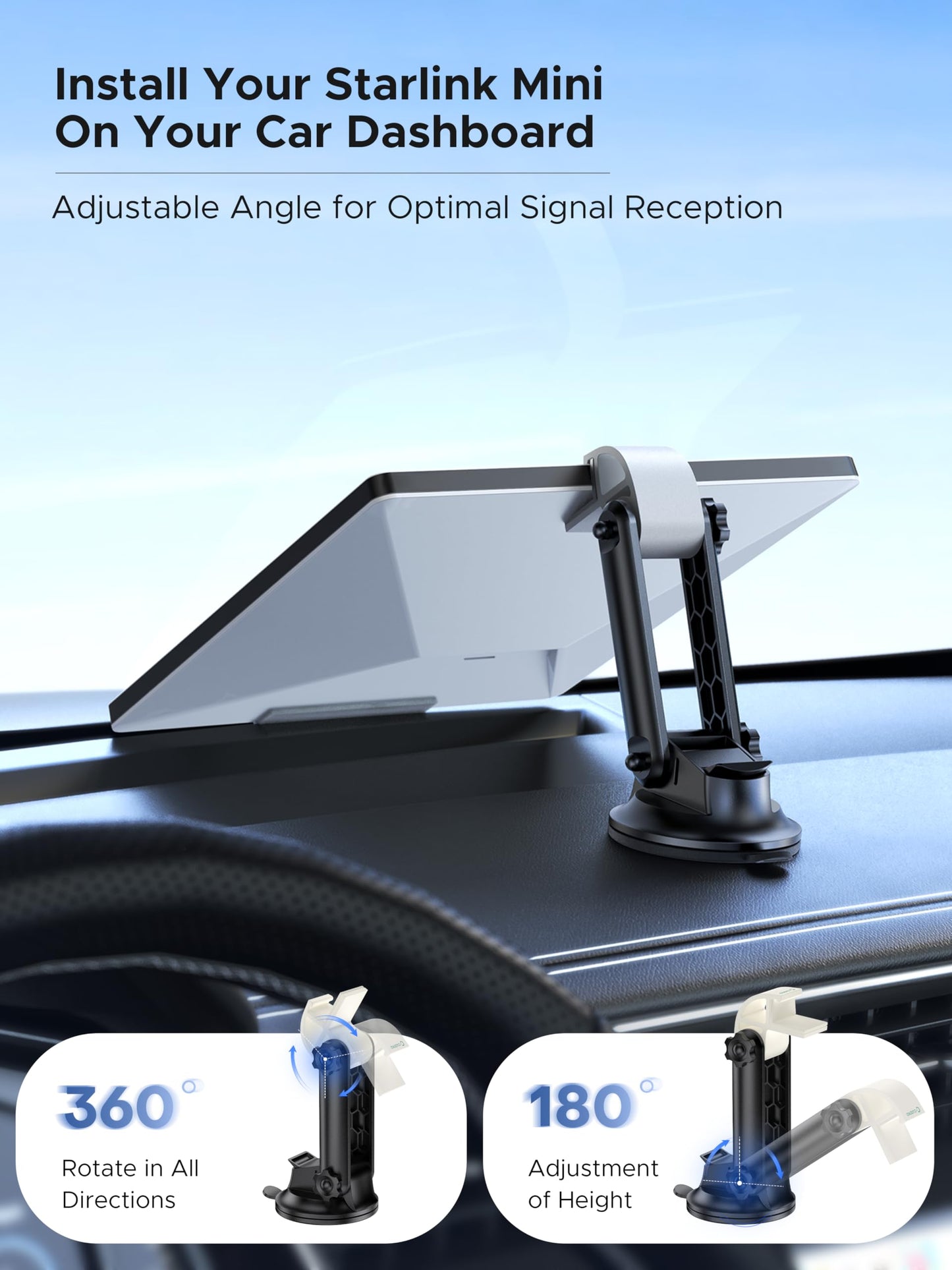 Starlink Mini Car Mount for Dashboard, cuarko Starlink Mini Mounting Kit, [Sticky Suction Base, Angle-Adjustable, Secure Hold] Car Suction Cup Mount Ensures Stable Setup While Driving