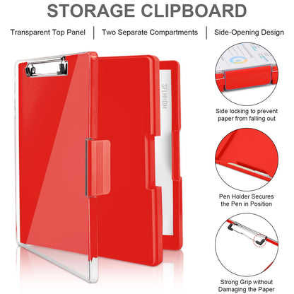 SFLHHDM Clipboard with Storage,Heavy Duty Clip Boards 8.5x11 with 2 Storage Case,Clear Visible Top Panel Storage Clip Board,Side Opening Board,Nursing Clipboards Folder Case for Office-Red
