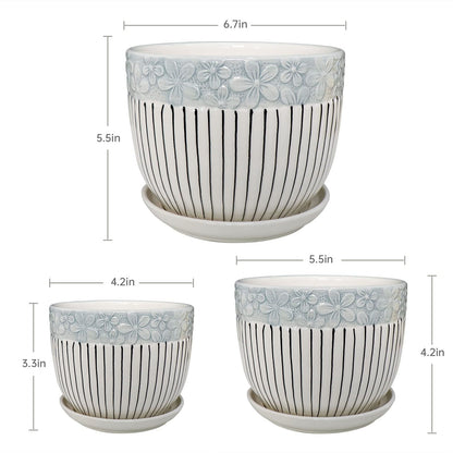 Ton Sin Grey Flower Pots,Texture Planter for Indoor Plants Set of 3 Ceramic Flower Pots with Saucer,Cute Garden Pots Succulent Pots（3 Pack,Grey