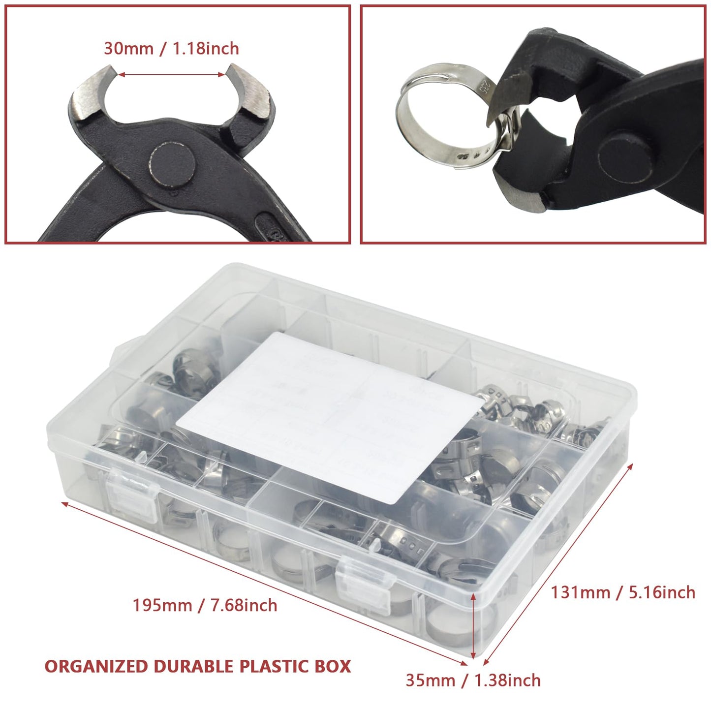 130pcs Heavy Duty PEX clamp Assortment Kit with Pliers, Stainless Steel Single Ear Hose Clamps 1/4"- 0.92"(6-23.5mm), PEX Cinch Crimp Rings Pinch Clamps for Water Pipe, Plumbing and Automotive Use