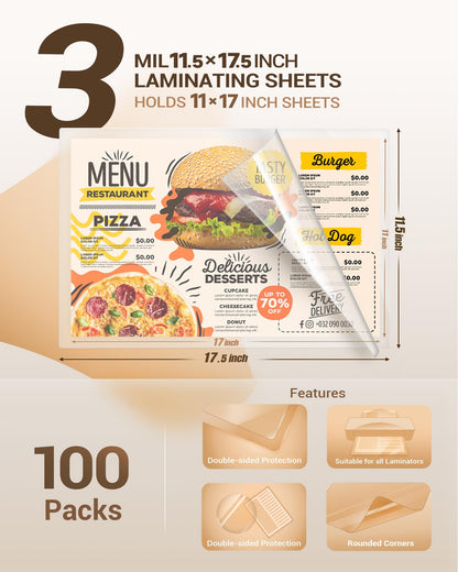 Uinkit Thermal Laminating Pouches 3Mil 11.5x17.5 Inches Laminating Sheets for Extra Protection for Sealed A3 11x17 Photo and documents 100 Sheets Pack, Clear. (100, 11.5x17.5"-A3 Size)