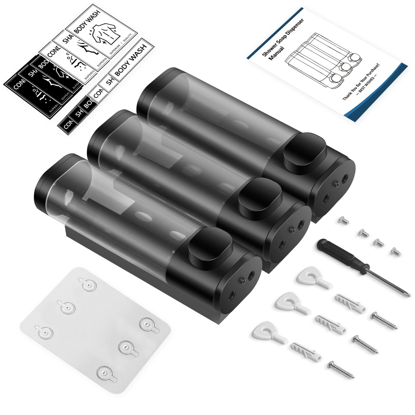 Volufia Shower Dispenser 3 Chamber No Drill, Shampoo Dispenser for Shower Wall, Shampoo and Conditioner Dispenser, Shower Soap Dispenser Bathroom 3x300ML, Black